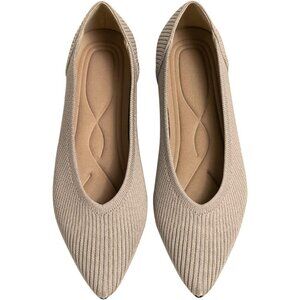Women's Beige Flats Pointed Toe Knit Ballet breathable Comfortable Rubber Shoes